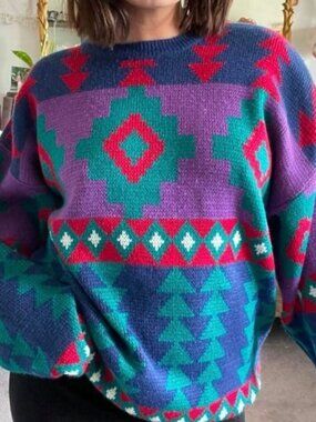 Vintage Interim Sweater Aztec Geometric Colorful 90s Knit Size Large